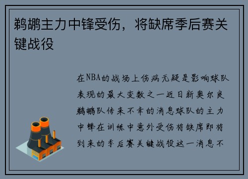 鹈鹕主力中锋受伤，将缺席季后赛关键战役
