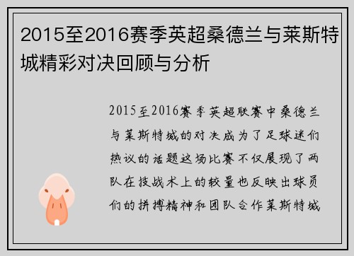 2015至2016赛季英超桑德兰与莱斯特城精彩对决回顾与分析