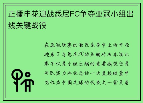 正播申花迎战悉尼FC争夺亚冠小组出线关键战役