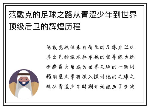 范戴克的足球之路从青涩少年到世界顶级后卫的辉煌历程