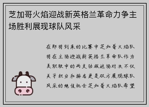 芝加哥火焰迎战新英格兰革命力争主场胜利展现球队风采