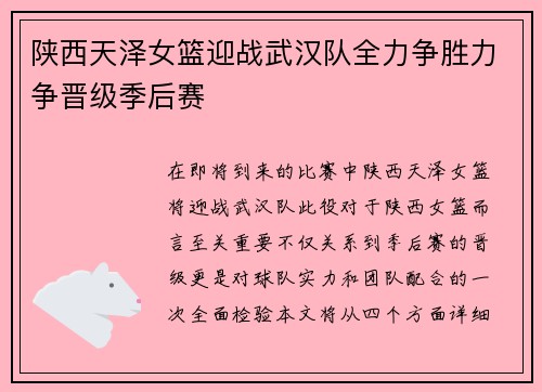 陕西天泽女篮迎战武汉队全力争胜力争晋级季后赛