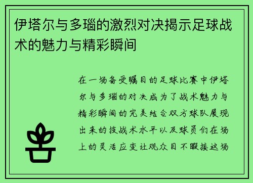 伊塔尔与多瑙的激烈对决揭示足球战术的魅力与精彩瞬间